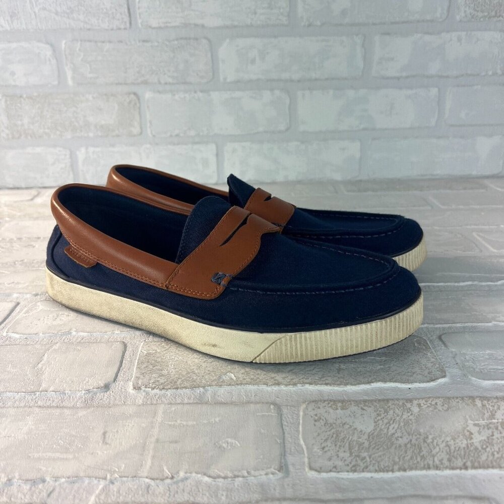 Cole Haan‎ Mens 9.5 M Nantucket 2.0 Navy Blue Brown Canvas Slip On Penny Loafer